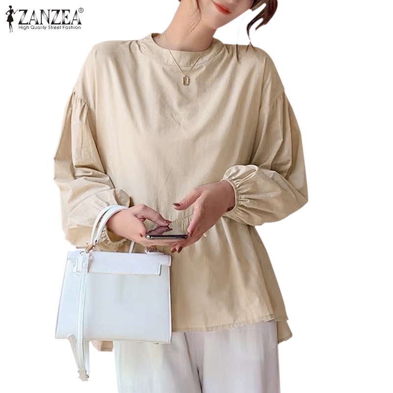 Áo kiểu ZANZEA tay dài cổ tròn dáng rộng màu trơn phong cách Hàn Quốc thời trang thường ngày cho nữ