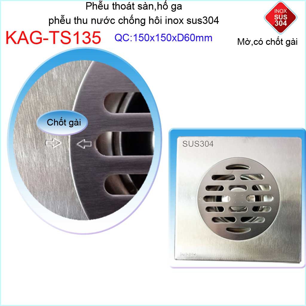 Phễu thoát sàn chống mùi hôi có chốt gài, Phễu thu nước  inox 304, thoát sàn Kace 15D60 KAG-TS135