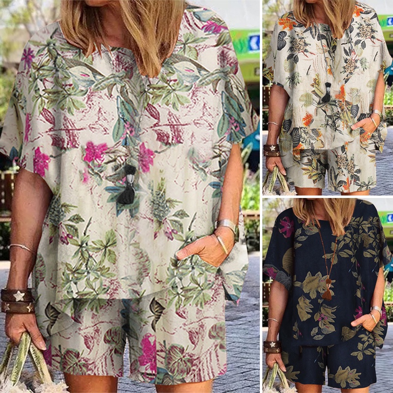 Set áo ngắn tay + quần short lưng cao ống rộng ZANZEA thời trang dành cho nữ