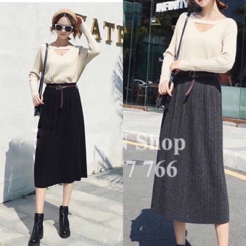 Chân váy Dạ dài qua gối, Chân váy xếp ly