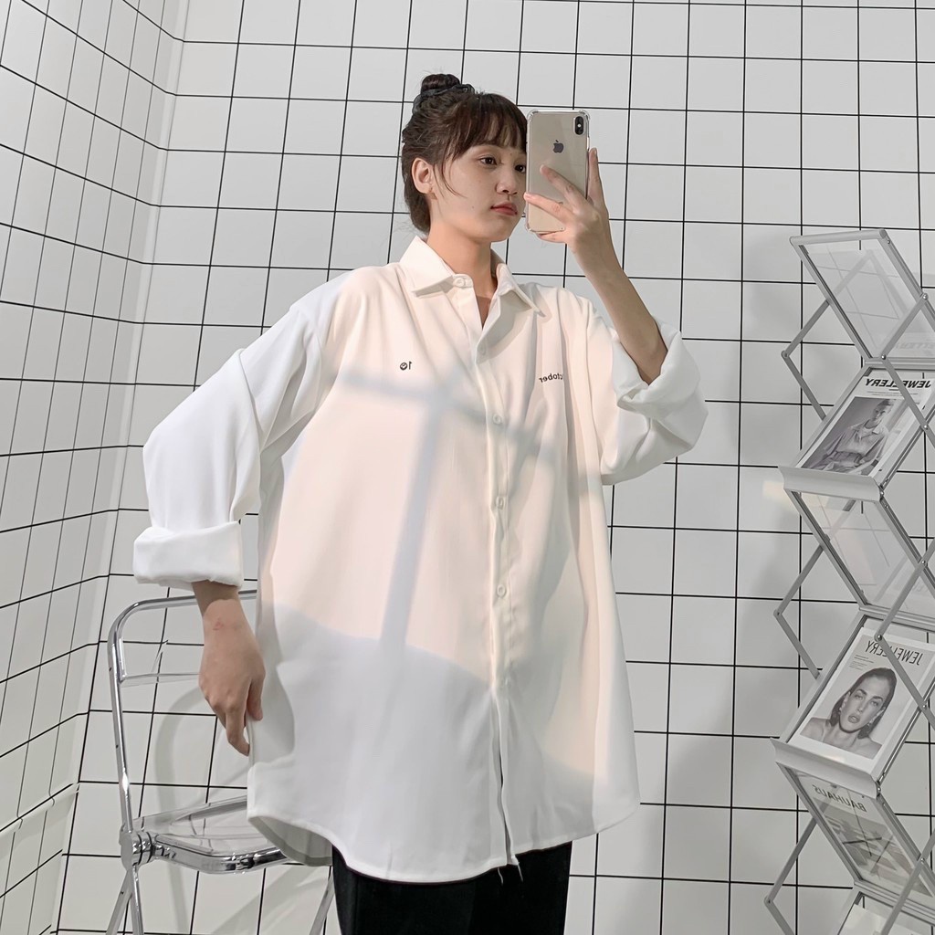 Áo Sơ Mi Nữ Dài Tay Form Rộng dài Chất Lụa Thêu Chữ YOYO Phong Cách Ulzzang