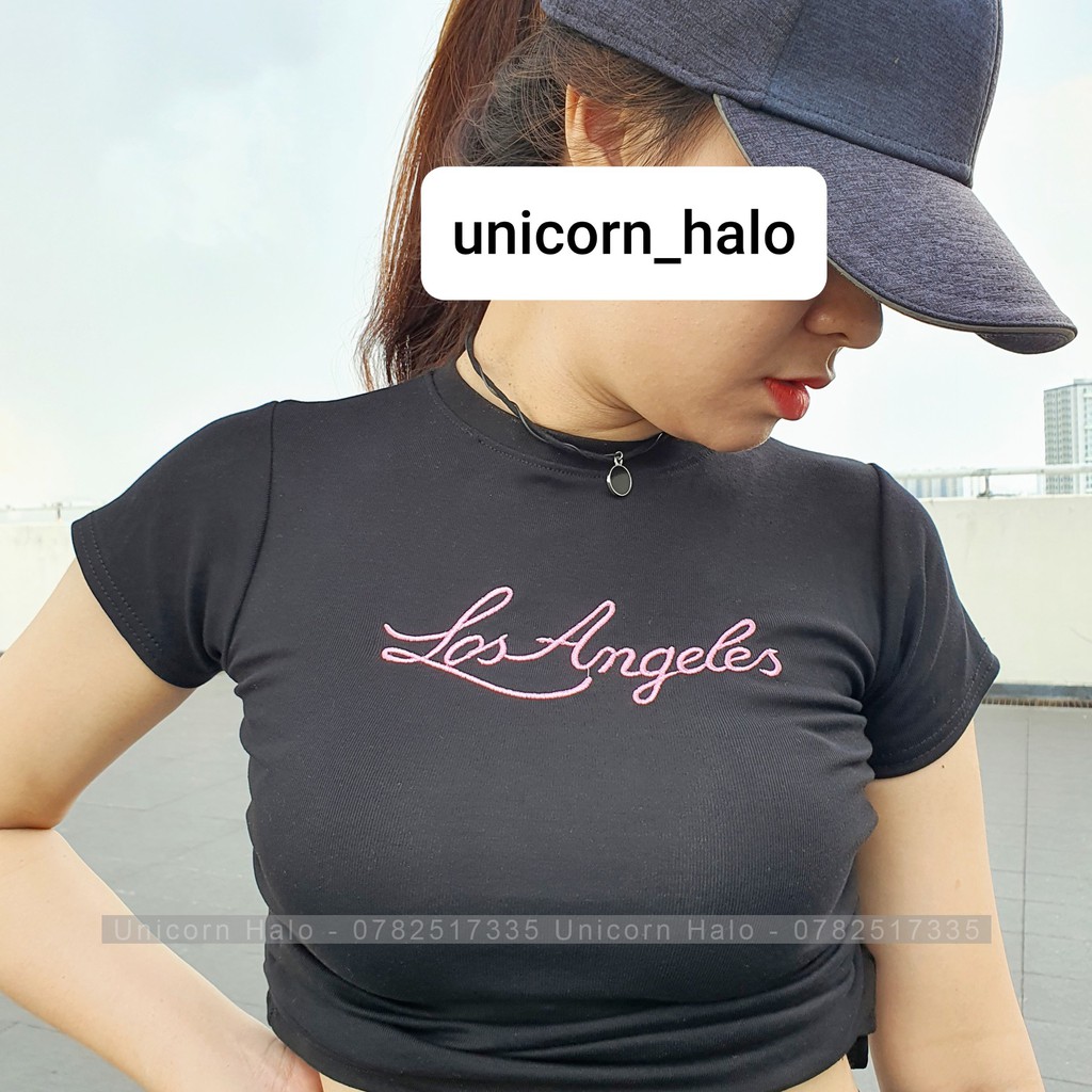 Áo Croptop Tay Ngắn Thun Ôm  Body Thể Thao Dây Rút 2 Bên Trắng / Đen Thêu Chữ Los Angles ACR003