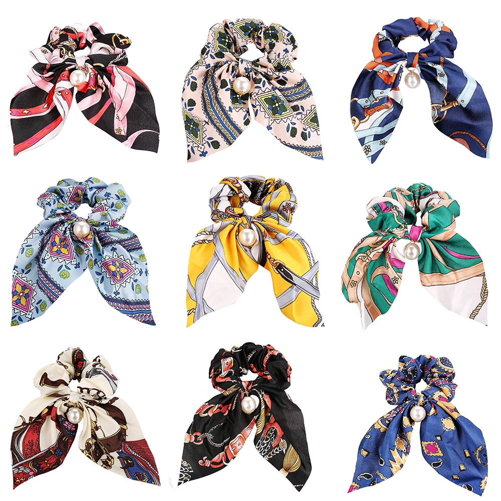 Thun Cột Tóc 17km Vải Lụa Thắt Nơ Nhiều Màu Sắc Đính Ngọc Trai Độc Đáo