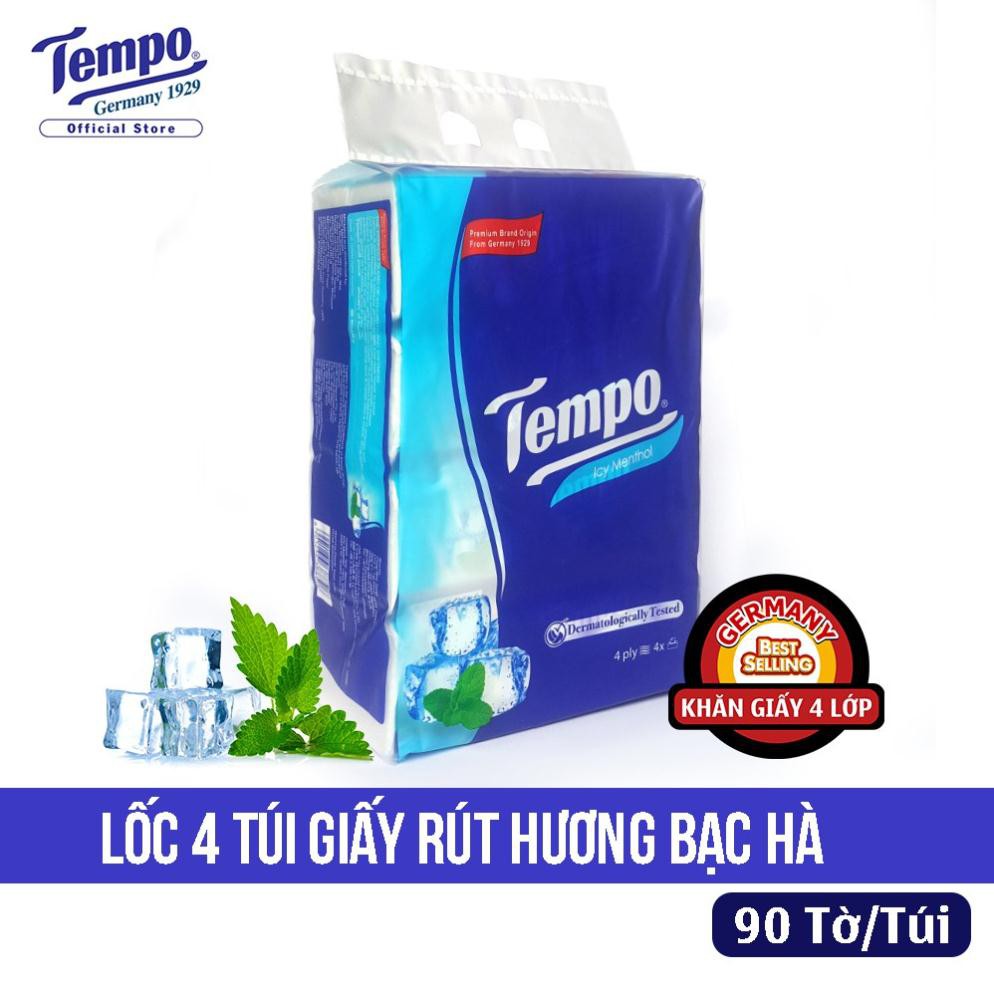 Lốc 4 Gói Khăn Giấy Rút  Tempo Hương Bạc Hà (Giấy 4 Lớp) - 90 Tờ/ Gói