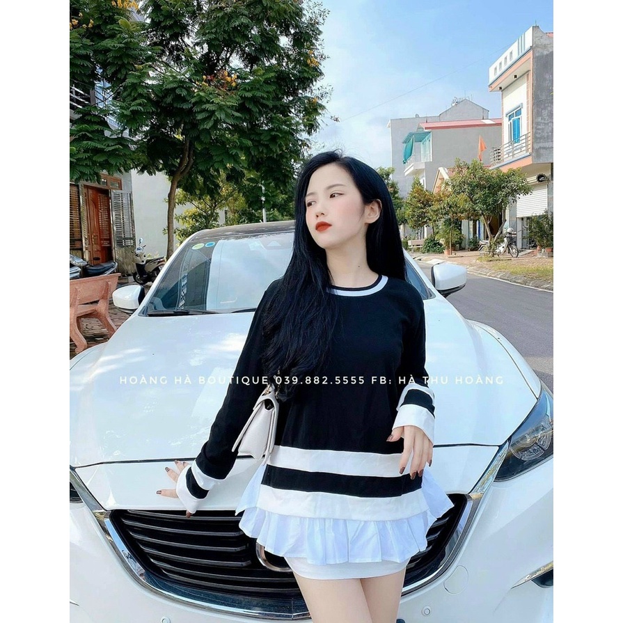 Áo Bầu Dài Tay Thu Đông Thời Trang kẻ đen trăng phối màu cá tính- vạt dập li