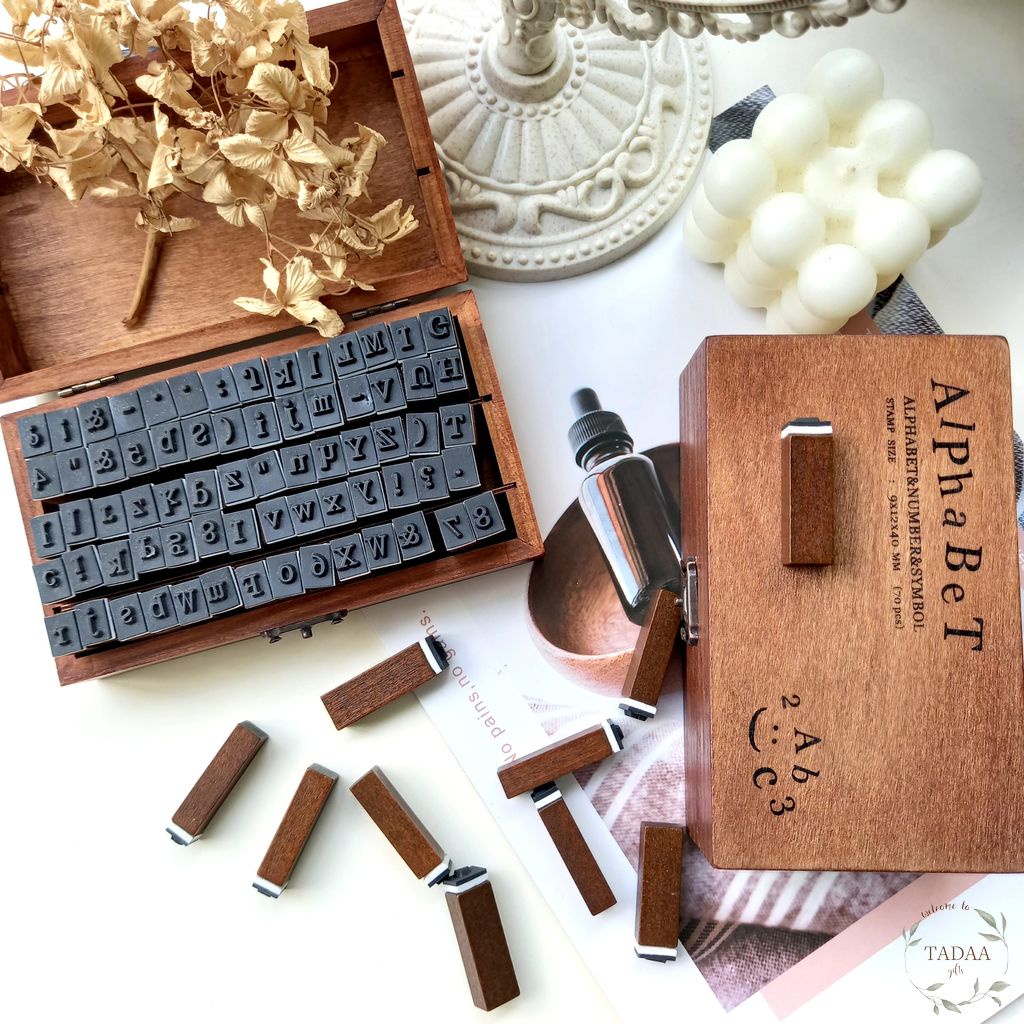 Set hộp con dấu gỗ in chữ cái alphabet trang trí bullet journal phong cách vintage cổ điển