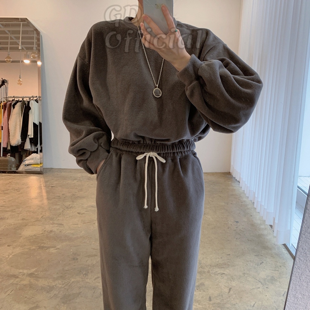 N10|Set bộ nỉ bông nữ áo hoodie cổ tròn dài tay dáng croptop, quần cạp lưng cao thun bo chân xám, xanh, trắng GD Officia