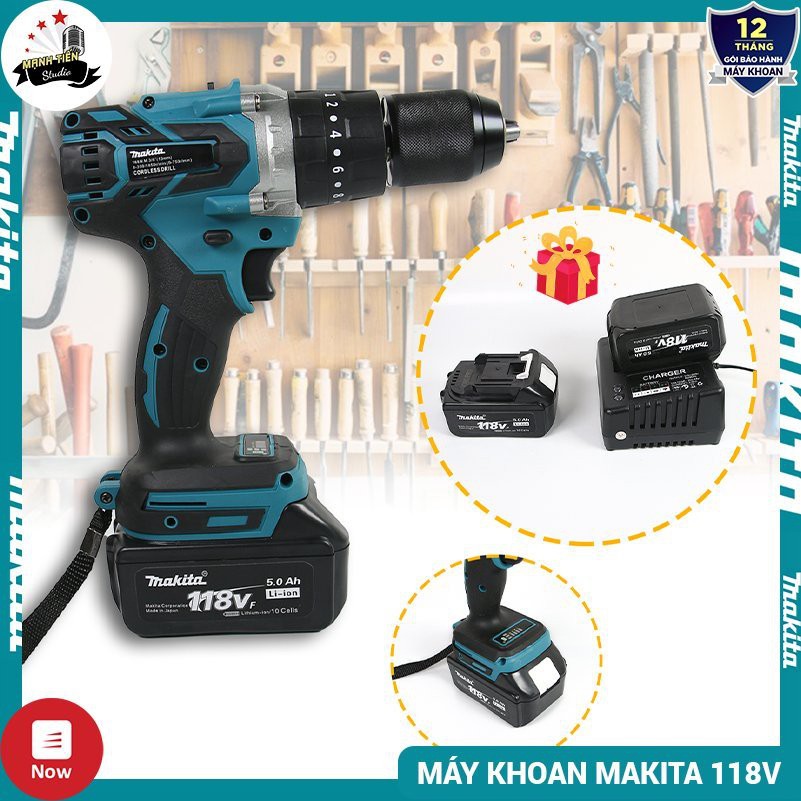 Máy khoan pin cầm tay Makita 118V 5.0Ah- Motor từ không chổi than, lõi đồng 100% - Đầu 13mm, 3 chế độ khoan, vít, búa