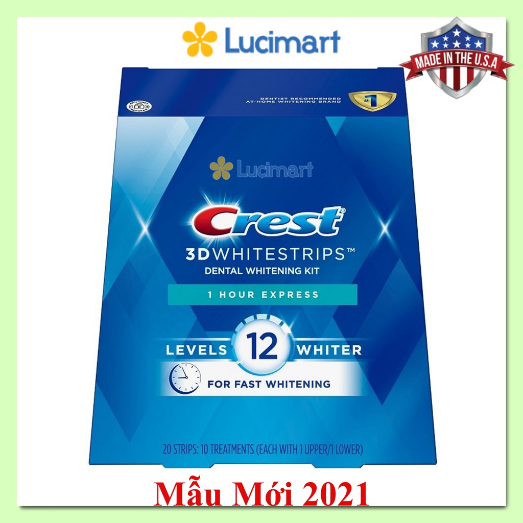 Miếng dán trắng răng Crest 3D Whitestrips 1 Hour Express Levels 12 Whiter [Hàng Mỹ]