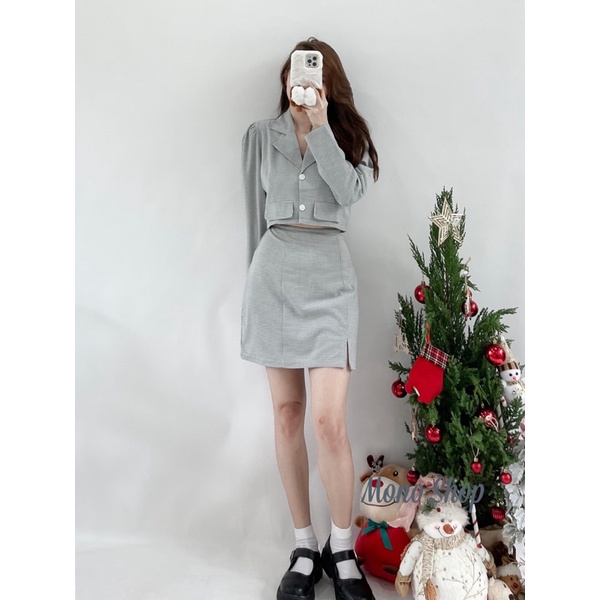 Set áo vest croptop caro nhỏ 2 túi nắp giả kèm chân váy chữ A xẻ tà Ảnh thật/ sẵn