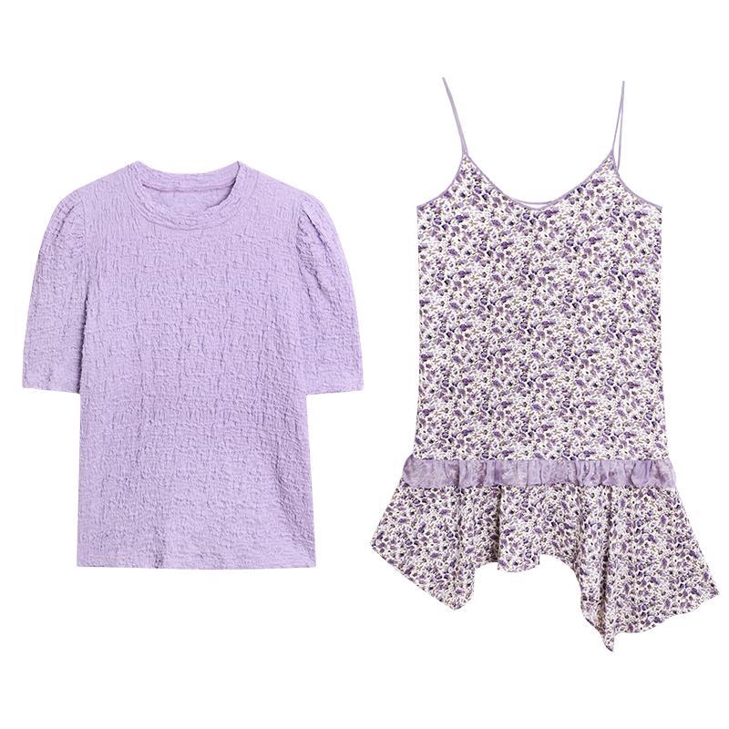 Set Áo Thun Tím Phối Váy Hoa Dài Dây Thời Trang Nữ Tính | BigBuy360 - bigbuy360.vn