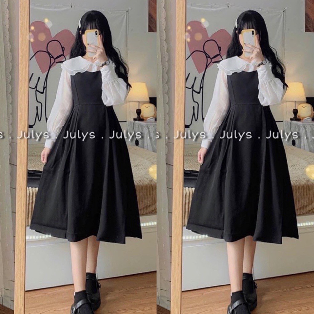 Set áo và váy yếm buộc dây   Freeship  Bộ váy yếm babydoll kèm áo sơ mi cài cúc