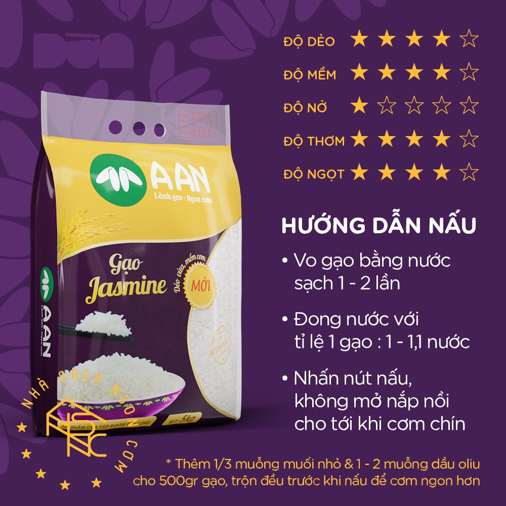 Gạo thơm lài Jasmine, dẻo vừa, mềm cơm - 5Kg A An