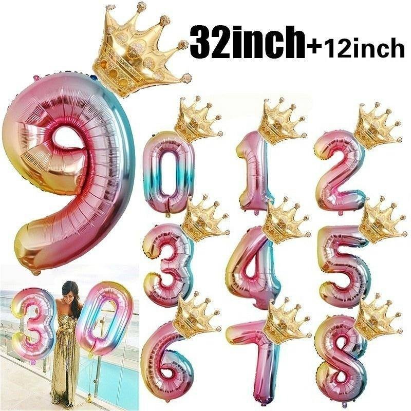 Bong bóng lá nhôm hình số vương miện màu gradient cỡ 12inch trang trí tiệc sinh nhật