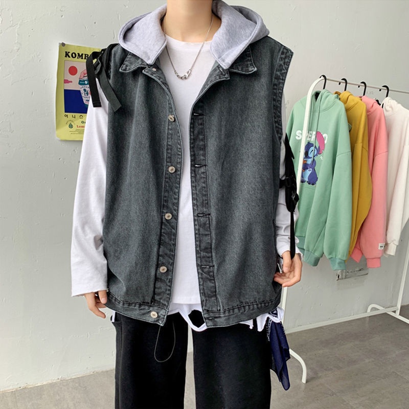 Áo Khoác Denim Không Tay Có Mũ Trùm Phong Cách Hàn Quốc Thời Trang Mùa Thu Dành Cho Nam