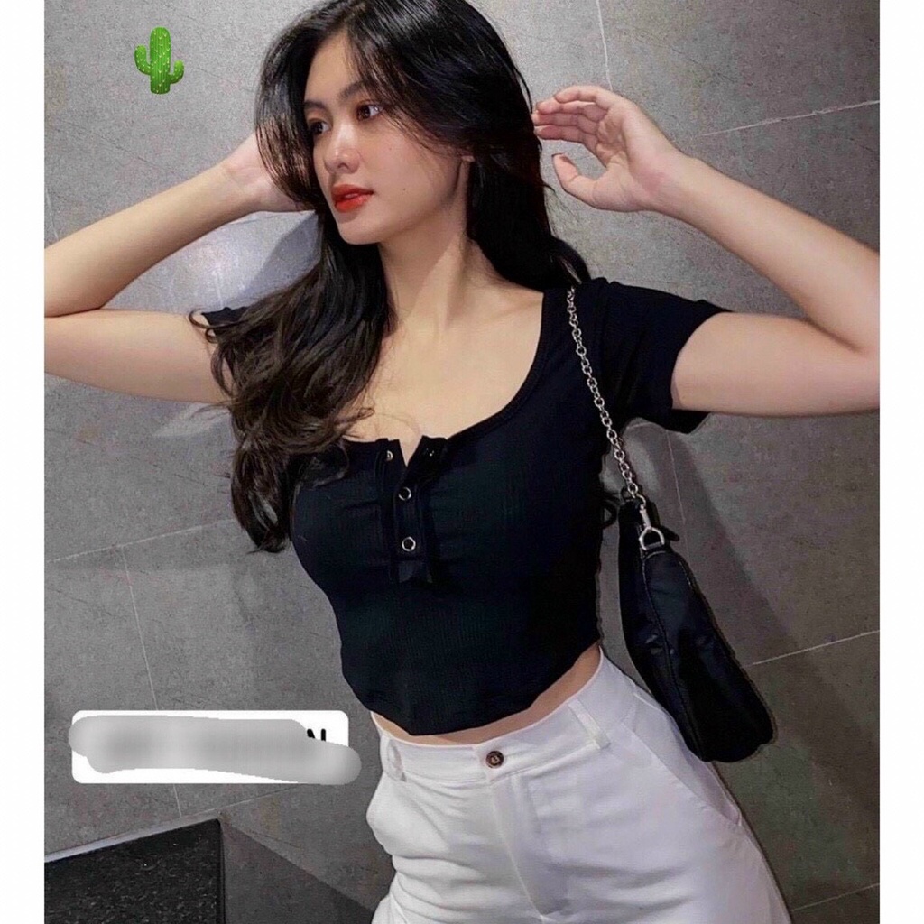 Áo kiểu croptop cổ vuông cài nút vạt bầu trơn cực xinh , chất thun bozip mềm mịn