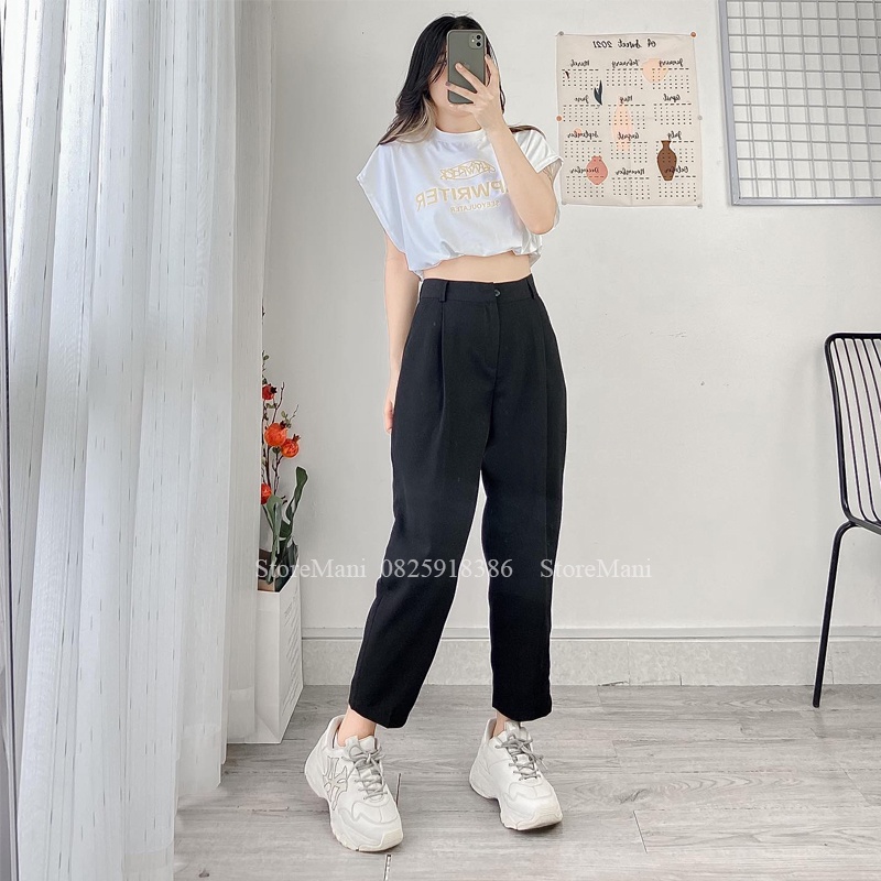 Quần tây baggy nữ cạp cao ống rộng đứng dám boom form rộng che khuyết điểm cực tốt màu đen ghi mặc đi học làm cực xinh