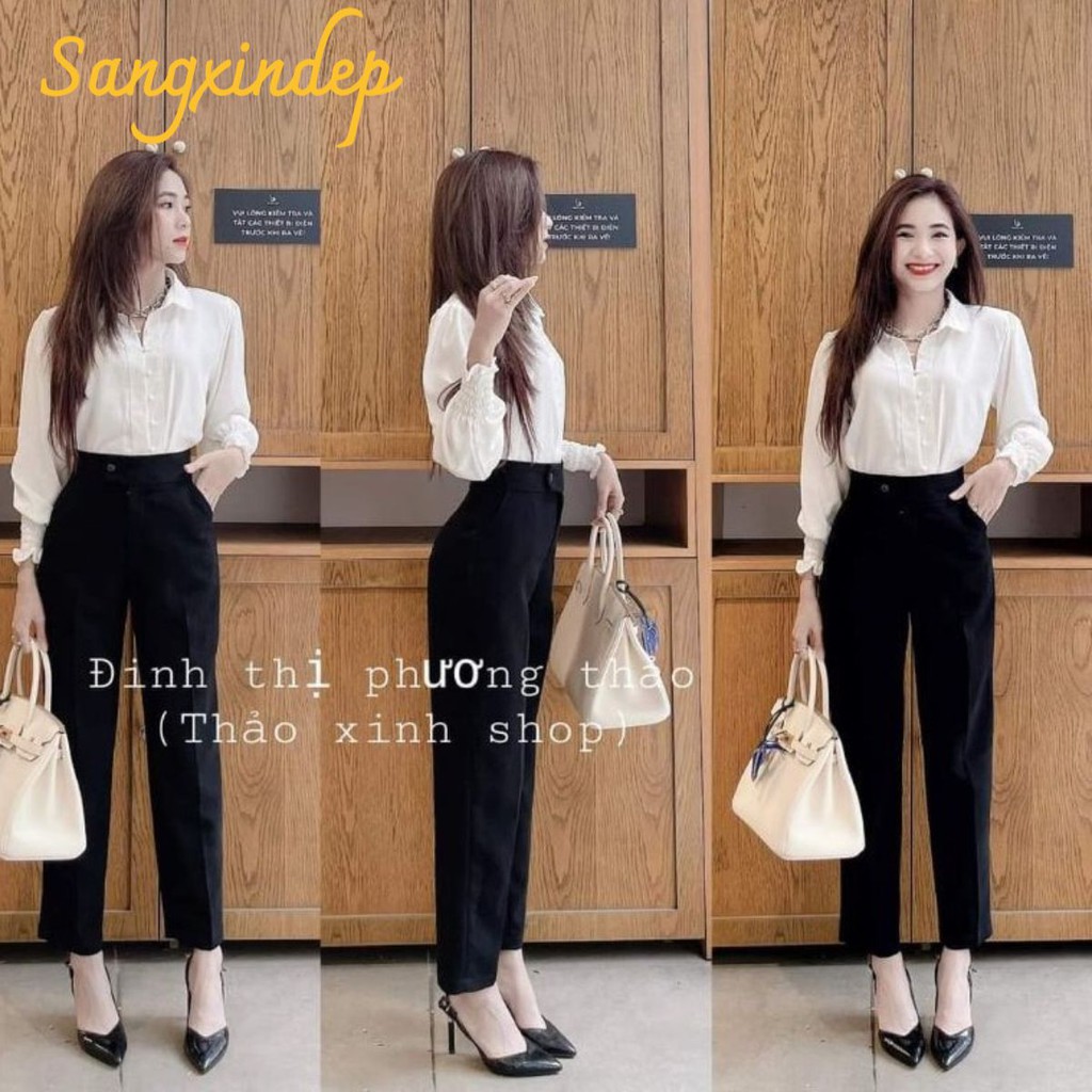 Quần baggy công sở nữ gấu bằng vải tuyết mưa cạp thường