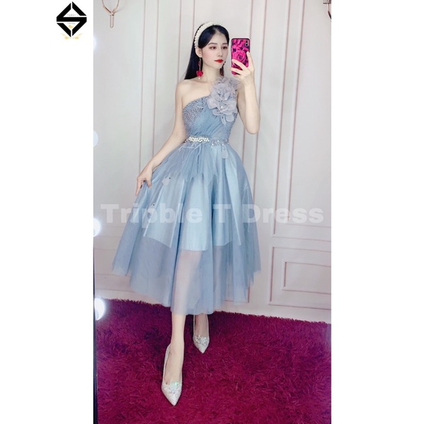 Đầm xoè dự tiệc lệch vai kết cườm và hoa nổi TRIPBLE T DRESS - size M/L - MS149V