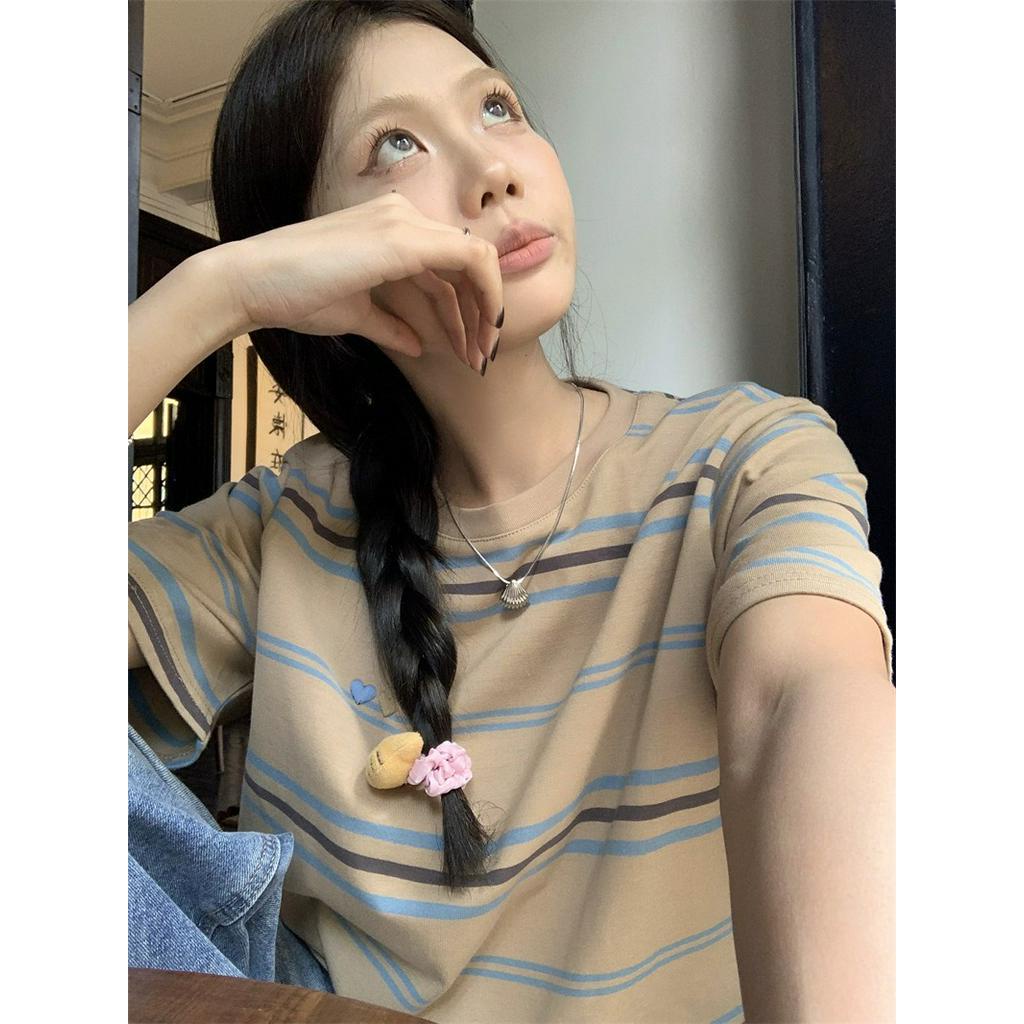 Áo Thun Tay Ngắn Cổ Tròn Thêu Họa Tiết Trái Tim Phối Màu Tương Phản Thời Trang Xuân Hè Hàng Mới 63972