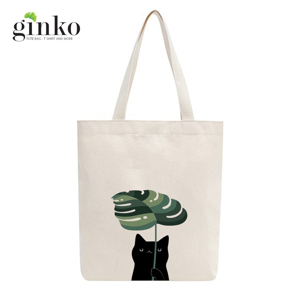 Túi Tote Vải Mộc GINKO Dây Kéo In Hình Cat With Leaf M09