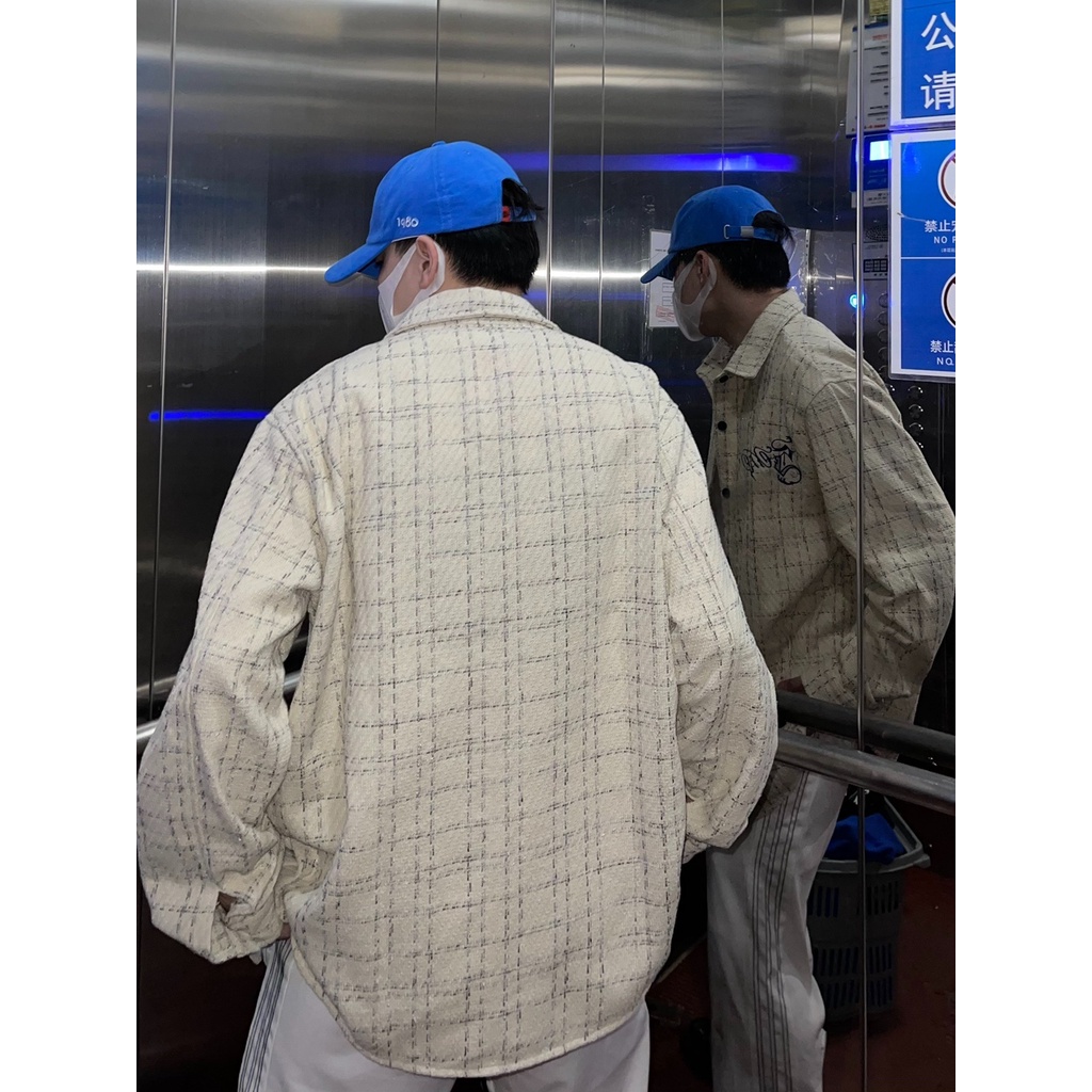 Áo Khoác Sơ Mi Tay Dài Dáng Rộng Kẻ Sọc Ca Rô Cài Nút Thời Trang Hàn Quốc Cho Nam