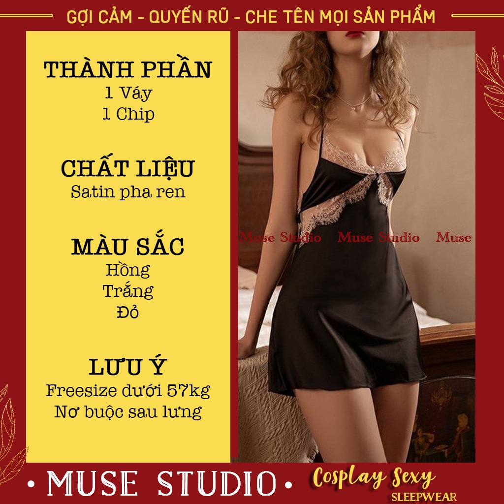 váy ngủ sexy, đầm ngủ hai dây gợi cảm phối ren ngực buộc nơ lưng quyến rũ - MUSE STUDIO MS005