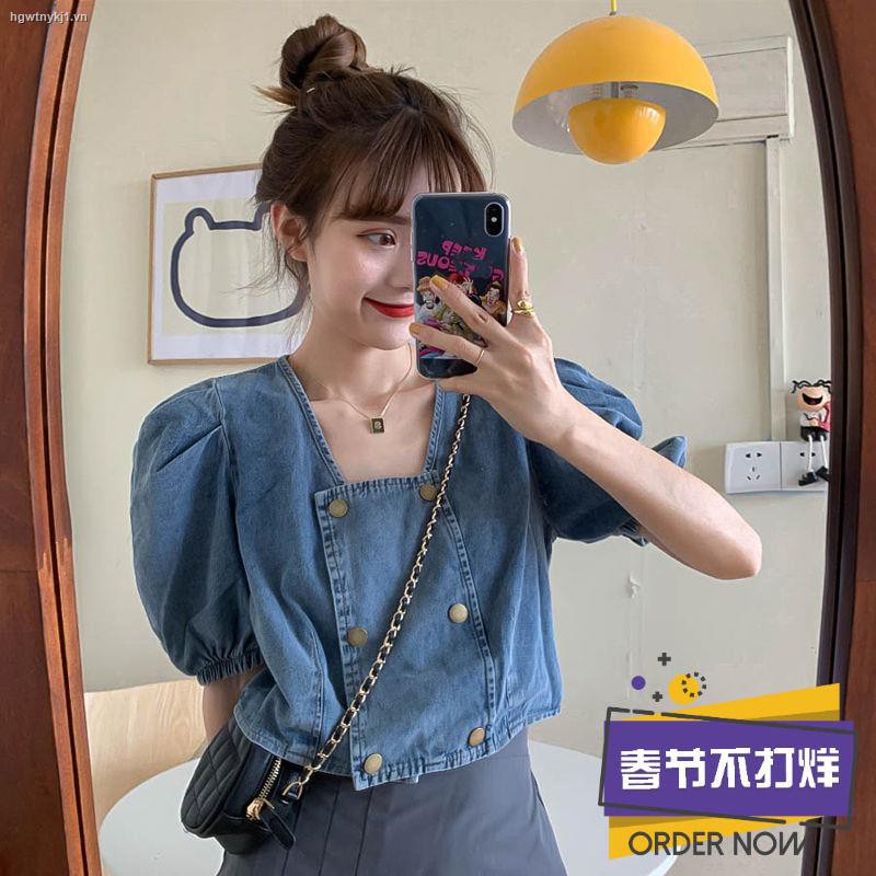 ۩✿Summer 2021 new retro Hong Kong style design sense navel short loose square collar denim short-sleeved shirt top women