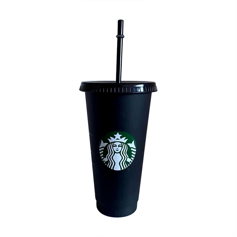 Pure Black Starbucks Plastic Cold Drink Straw Cup Coffee Cup Reusable Starbucks Color Changing Cold Cups Plastic Tumbler with Lid black Cup  PP , Eco-friendly ; Non-toxic ;Durable in using Reusable, with Straw, Drinks Mug {cynt}