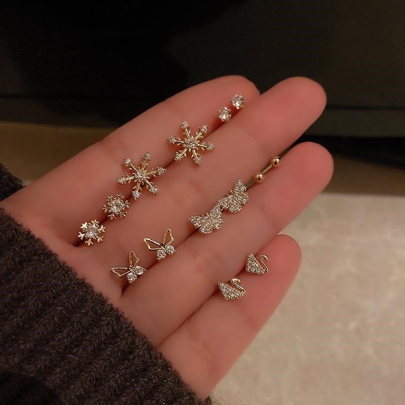 Set 6 Khuyên Tai Đính Đá zircon Không Gây Dị Ứng Thời Trang Cho Nữ