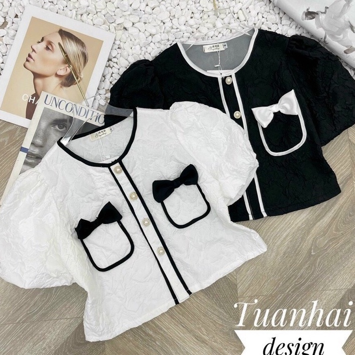 Aó sơ mi vải xốp hoa nổi,2 màu trắng- đen mã 121
