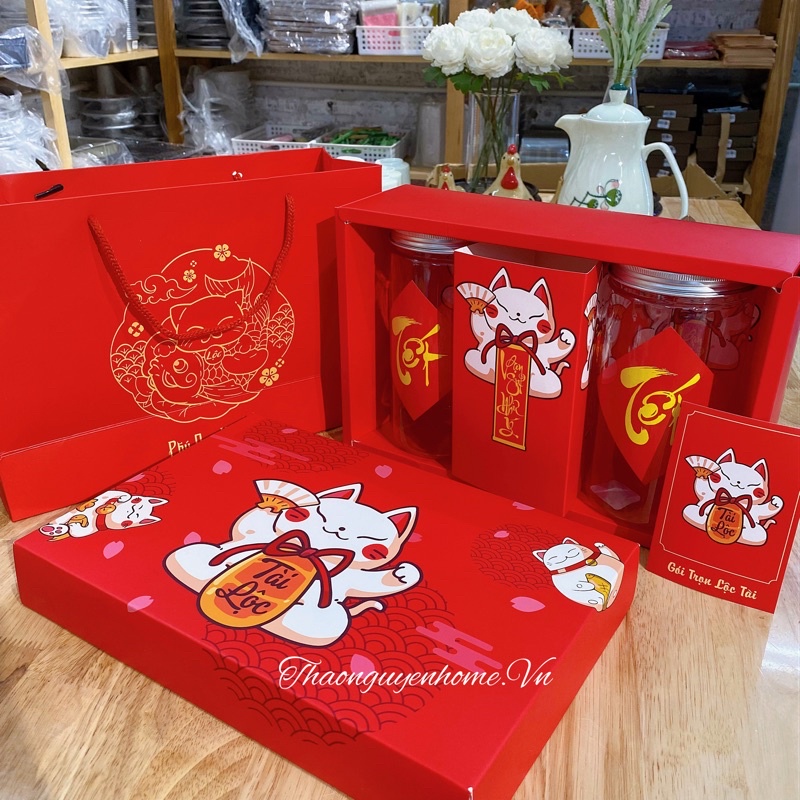 Set hộp đựng bánh kẹo mèo thần tài lớn