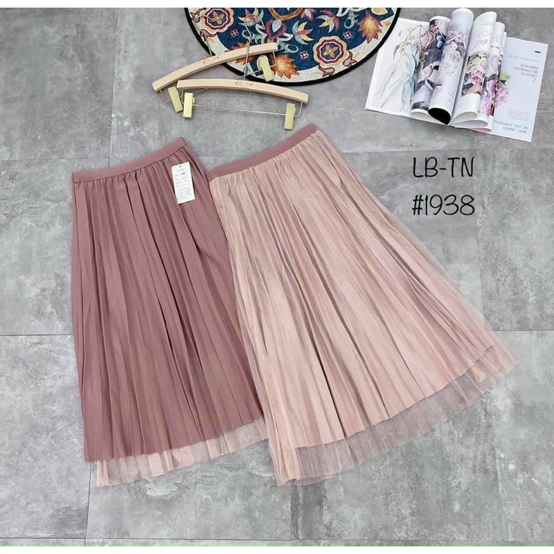 Chân váy xếp ly mặc được 2 mặt, Chân váy dáng dài cạp chun mặt lưới CV1137 - NhiNhi Shop