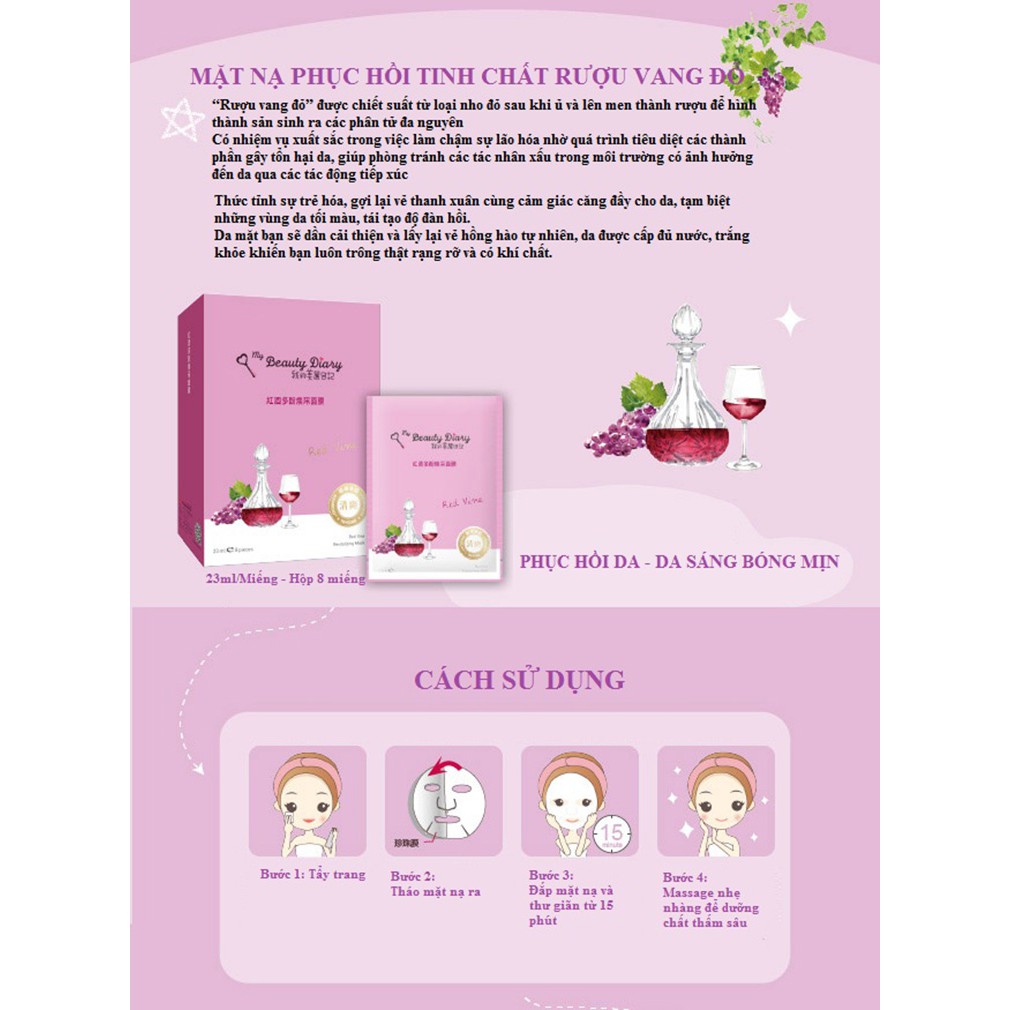 Mặt Nạ Đài Loan My Beauty Diary Rượu vang Red wine - Hộp 8 miếng