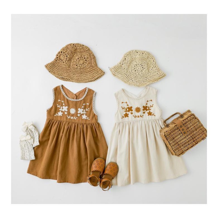 Đầm Cotton Hở Lưng Thêu Họa Tiết Màu Sắc Tương Phản Phong Cách Nhật Hàn Thời Trang Mùa Hè Cho Bé Gái 2022