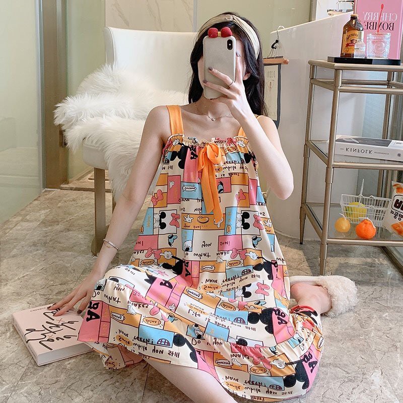Đầm Bầu - Đầm Ngủ 2 dây Mùa Hè họa tiết hình  dễ thương - Kèm Bra lót mút chất liệu thun sữa mềm mại,