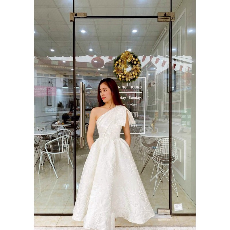 đầm gấm lệch vai nơ ( ảnh và video thật 1000%)