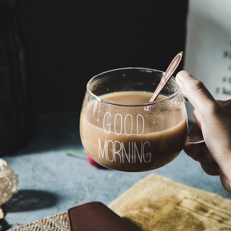 Ly thủy tinh dễ thương uống nước cute GOOD MORNING 350 ml Cốc thủy tinh chịu nhiệt có quai decor