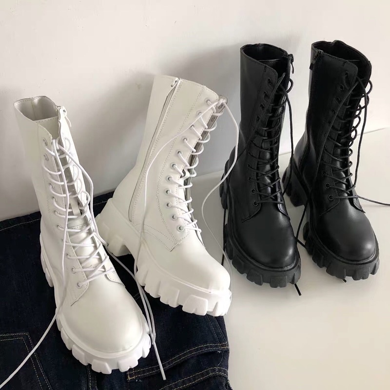 Boot ulzzang cao cổ 20cm buộc dây kéo khóa đế cao 5.5cm màu đen/trắng cá tính đẹp mới xinh thời trang | BigBuy360 - bigbuy360.vn