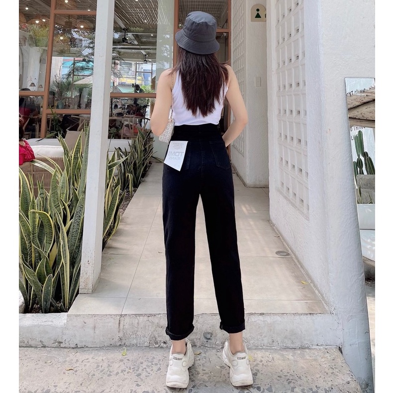 Quần Baggy Jean Nữ  Rách Gối Cạp Cao Màu Đen Ôm Eo, Ống đứng Che Khuyết Điểm Thương Hiệu Goong | BigBuy360 - bigbuy360.vn