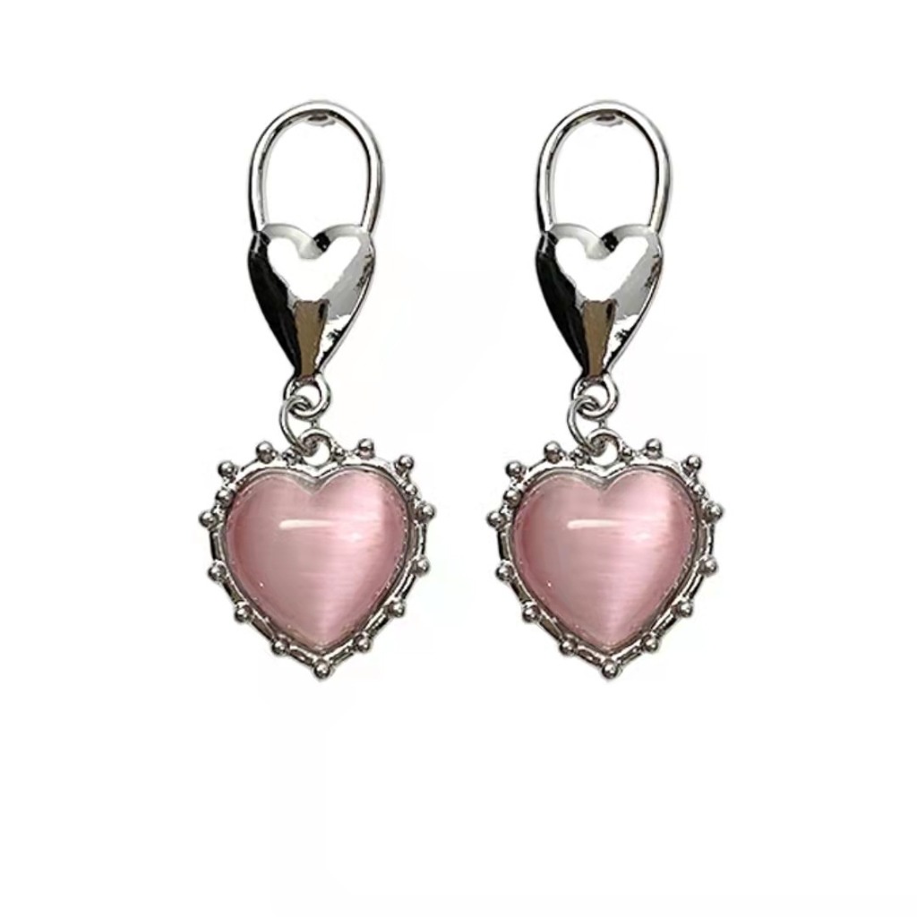 Bông Tai Mạ Bạc 925 Hình Trái Tim Đính Đá Opal Hồng Dễ Thương Cho Nữ