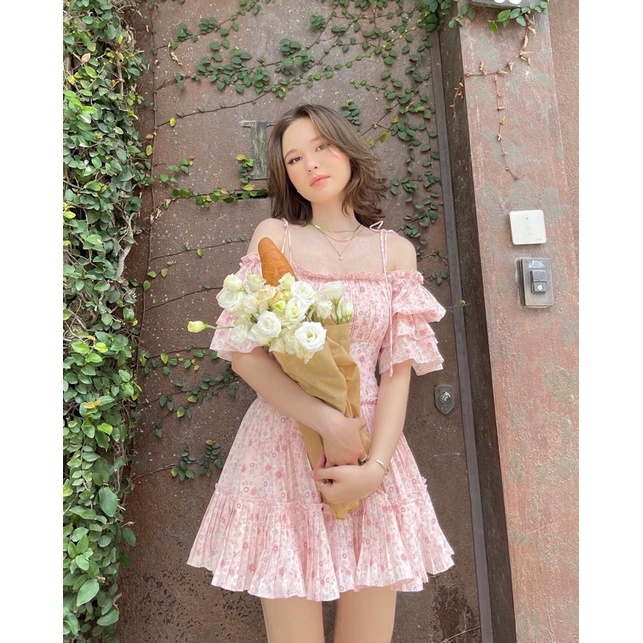 Đầm hoa bẹt vai - Camila - RED BEAN