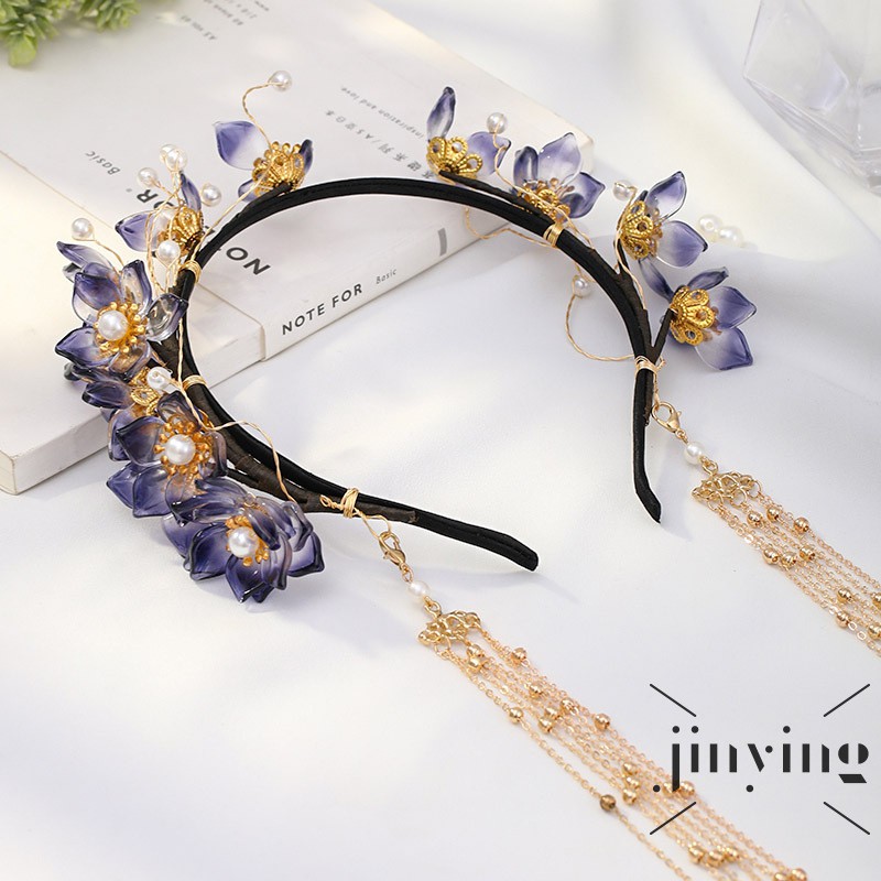 GETNOIVAS Cài tóc phối tua rua xỏ ngọc trai và hoa xanh dương phong cách Trung Hoa handmade