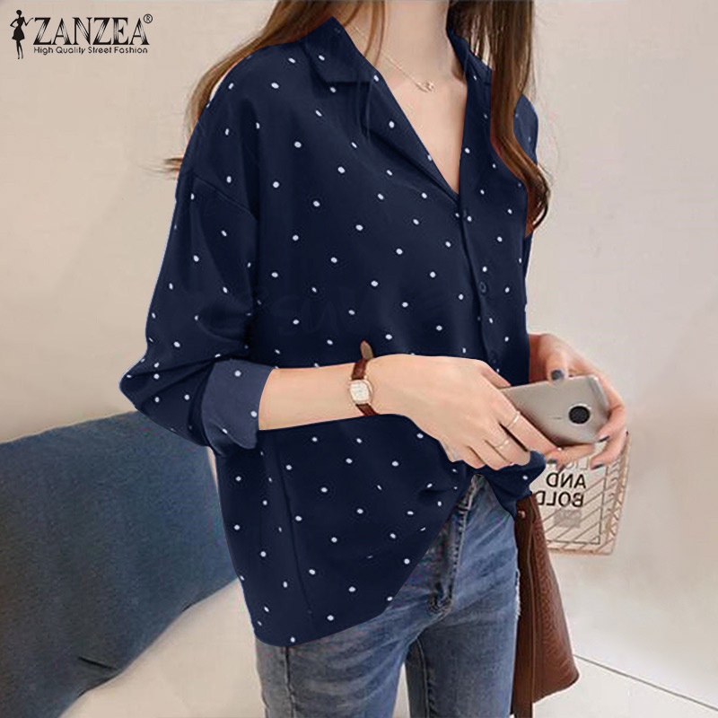 Áo sơ mi Zanzea cổ bẻ in họa tiết chấm bi phong cách Hàn Quốc thời trang cho nữ