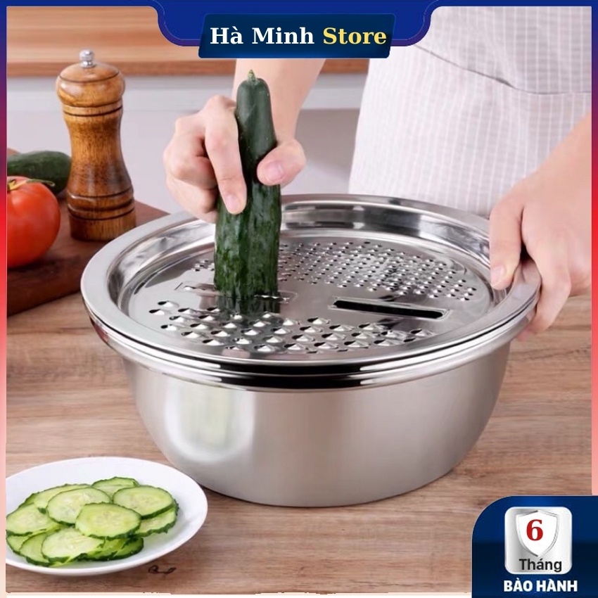 [Hàng Loại A] Bộ Dụng Cụ Bào Rau Củ Đa Năng 3 Trong Kiêm Rổ Và Chậu Inox Cao Cấp - Bộ Nạo Bào Rau Củ