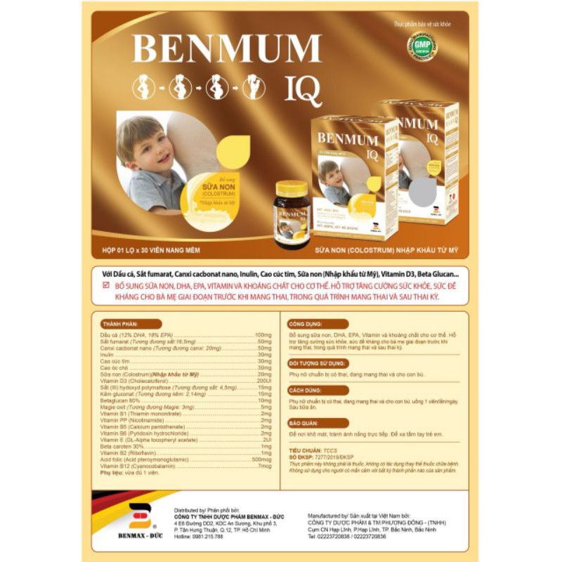 Hộp 30 viên bổ bầu Benmum IQ bổ sung sắt, acid folic, DHA cho mẹ trong giai đoạn chuẩn bị mang thai, bầu và sau sinh