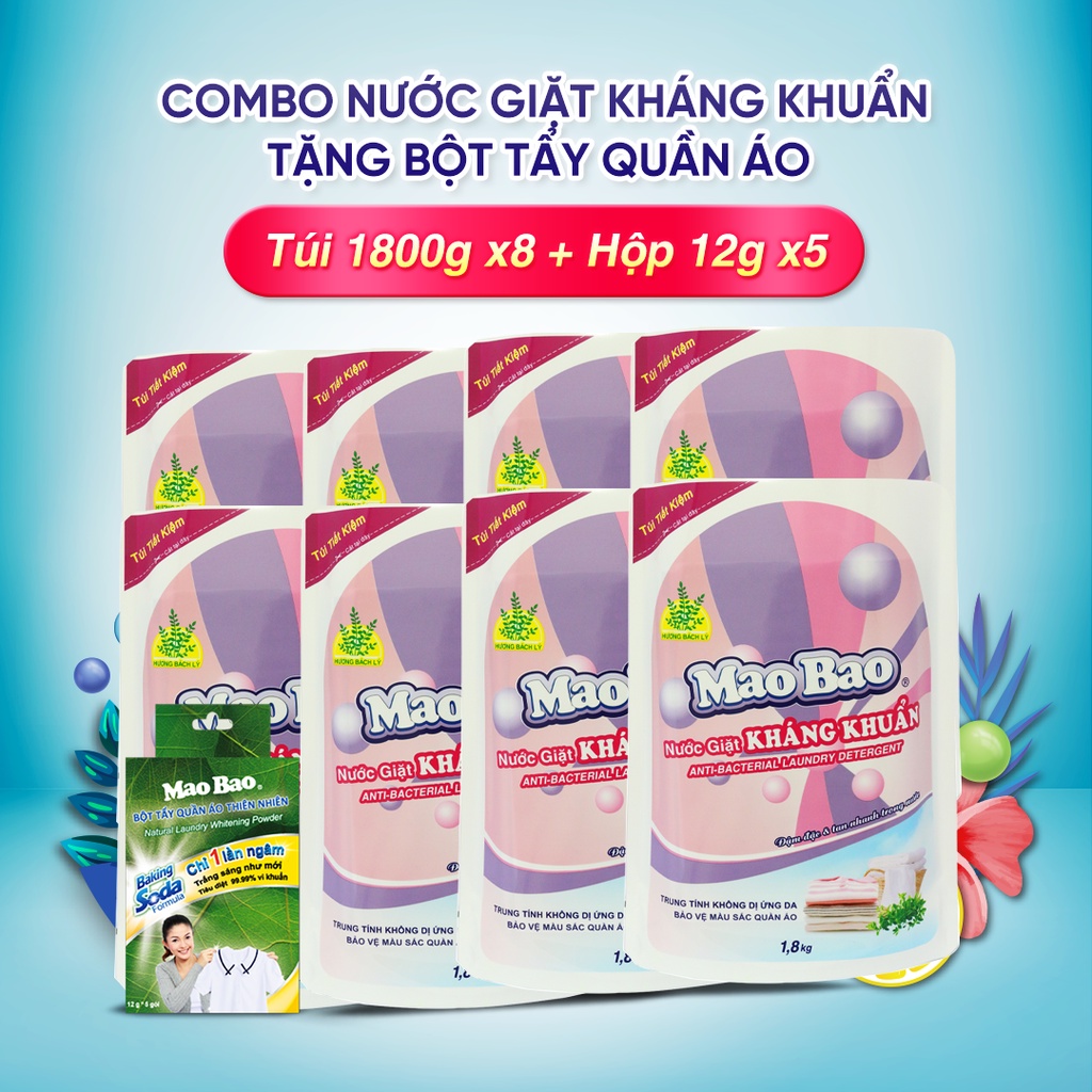 Combo 8 Túi Nước giặt Kháng Khuẩn Mao Bao 1800g + Tặng 1 hộp Bột Tẩy Quần Áo Thiên Nhiên Baking Soda 12g x 5 gói