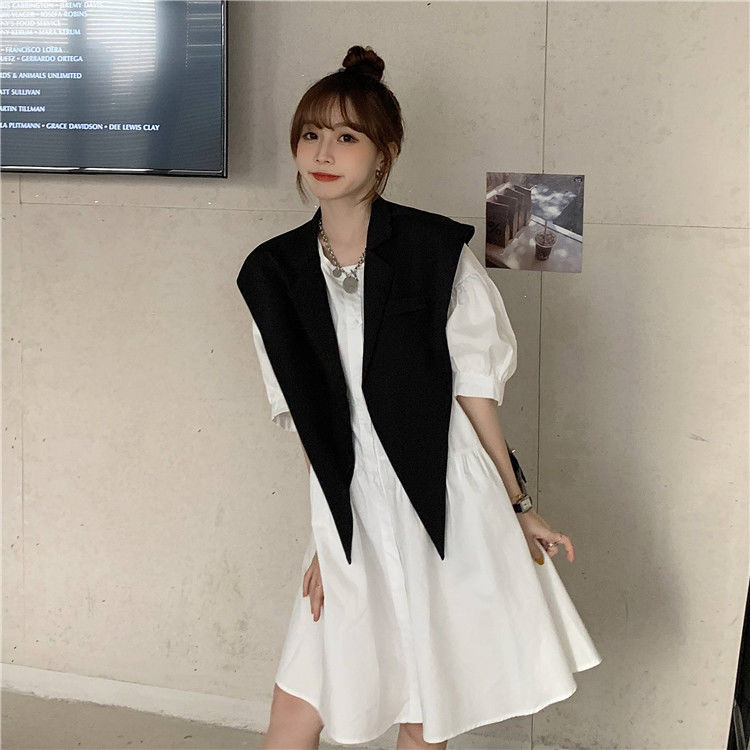 Đầm Búp Bê Một Mảnh Tay Lửng Dáng Rộng Cài Khuy + Áo Sơ Mi Dài Vừa Phải + Khăn Choàng Thời Trang Cho Nữ