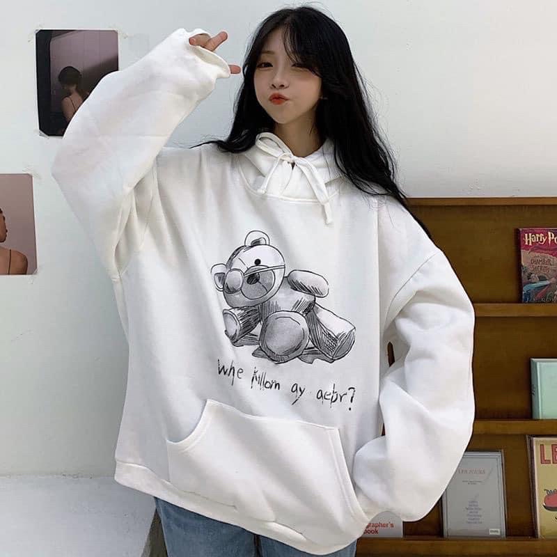 Áo Hoodie Nỉ Lót Bông In Gấu Nằm Unisex (Ảnh,Video thật/Hàng sẵn)