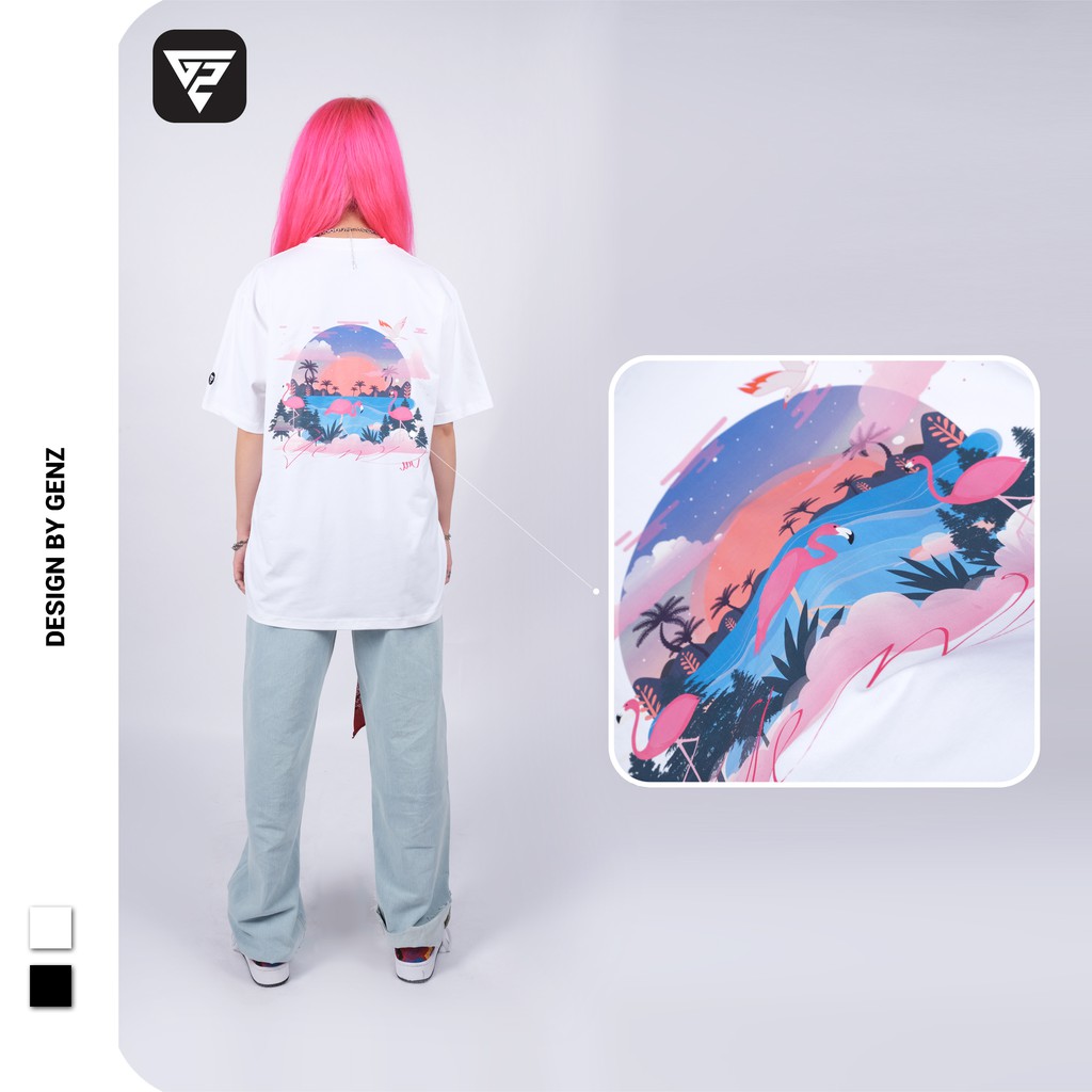 Áo thun tay lỡ GENZ phông Unisex nam nữ Cotton oversize form rộng Summer Flamingo